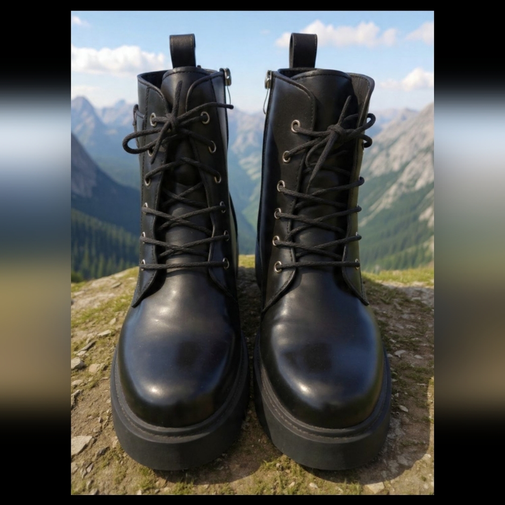 Women's Black Combat Chunky Heel Boots